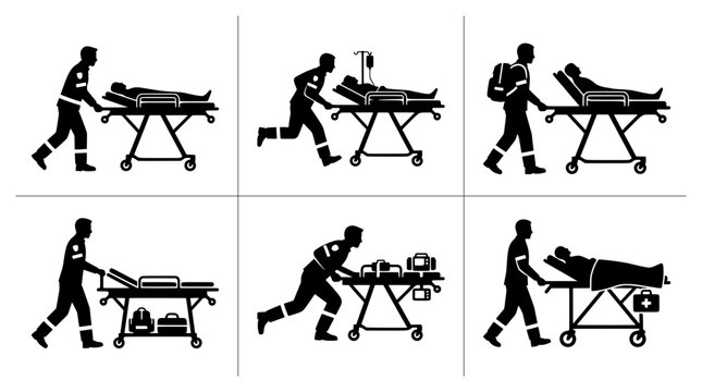Paramedic pushing stretcher set with medical equipment and patient transport