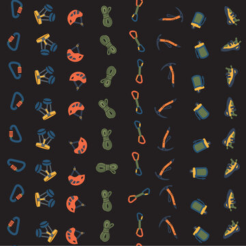 Vector Seamless Pattern of Rock Climbing Gear and Mountaineering Equipment Icons on Black Background