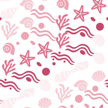 Minimalist Pink Sea Shells and Starfish Seamless Pattern on White Background for Summer Textile Vector