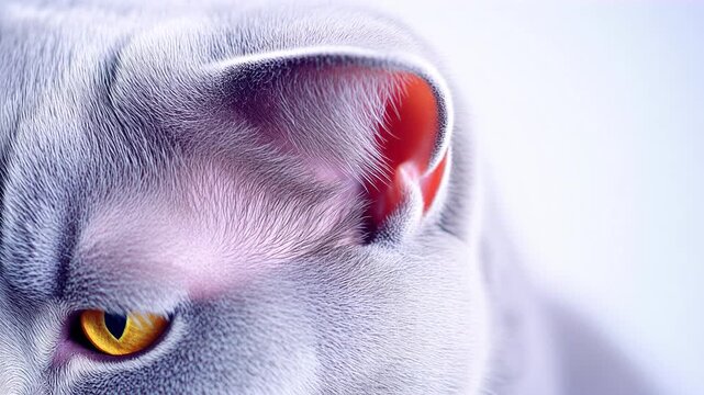 Extreme macro photorealistic footage of a cute British Shorthair cat's small rounded triangular ear detail
