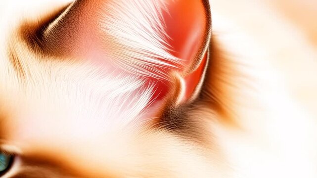Extreme macro photorealistic footage of a beautiful Ragdoll cat's ear, medium-sized triangular ear detail

