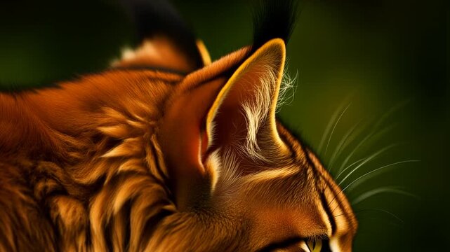 Extreme macro photorealistic footage of a majestic Maine Coon cat's ear, tall pointed ear detail
