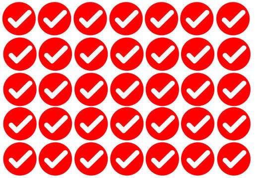 Repeating pattern of red circular check mark icons with white ticks on a clean white background. Simple flat design symbolizing approval, verification, confirmation, task completion, correctness.