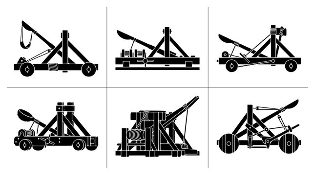 Siege weapon silhouettes set with catapults and trebuchets for historical design