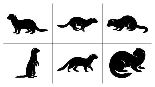 Mink silhouettes set with animals in various poses for logo and signage