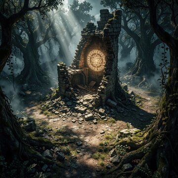 Fantasy battlemap shows crumbling stone tower ruins in dark forest clearing. Glowing magic circle symbol on broken wall. Sun rays shine through misty trees onto old masonry. Ideal layout for tabletop