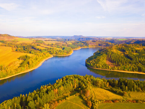 Aerial view of Zlutice reservoir. Dam on river Strela valley. West Bohemia, Czech republic.

