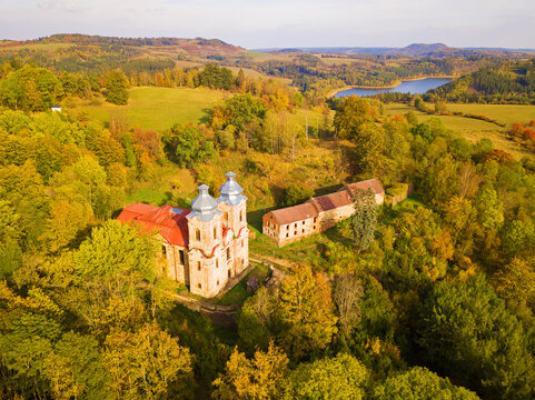 Aerial view of Church of the Visitation of the Virgin Mary in Skoky. Old pilgrimage site and abandoned place in countryside. Zlutice in West Bohemia, Czech republic.