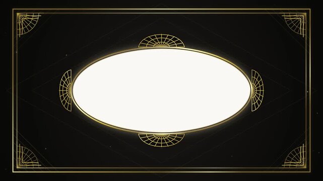 Elegant black background with a fine gold ornamental border and blank white oval center. Ideal for luxury invitations, certificates, title cards, menus, labels and decorative design.
