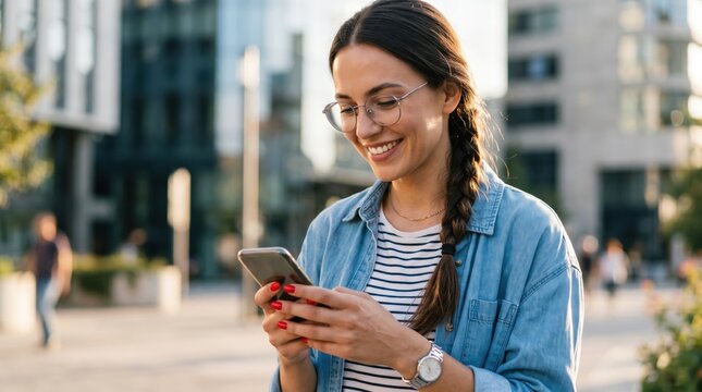 Young woman with brown hair in braided hairstyle and glasses typing text message on smartphone outdoors in modern urban city street with blurred buildings in background during sunny day