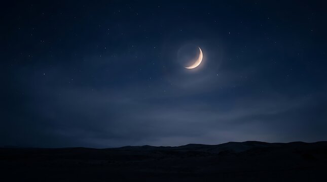 Thin crescent moon in dark cloudy night sky over desert landscape.