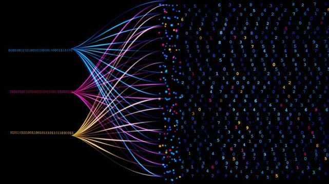 Abstract 3d animation of flowing digital data streams and binary numbers in a dark space
