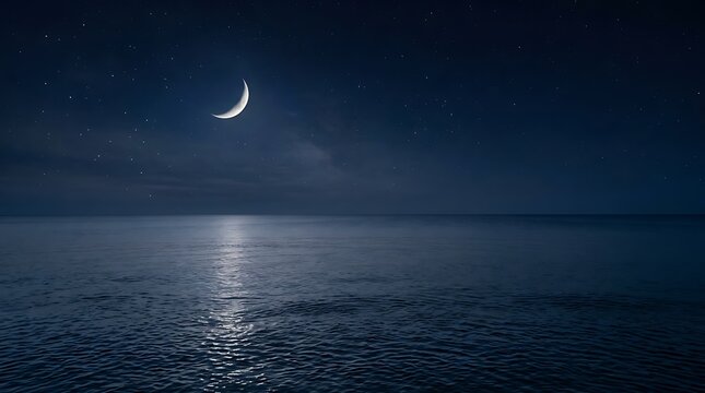 Crescent moon in starry night sky over calm ocean water.