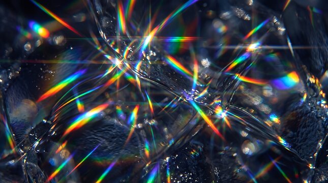 Colorful light diffraction patterns creating prism rainbow effects through glass