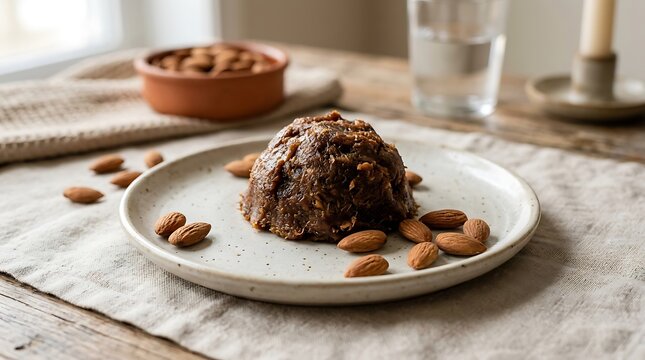 Date and almond paste on plate with almonds on table.