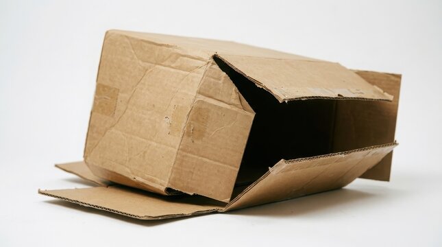 Flattened cardboard box on a white surface with shadows