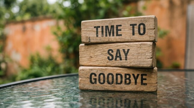Time to say goodbye message on rustic wooden blocks outdoors
