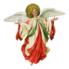 Fototapeta premium PNG Vintage angel illustration with wings, halo, flowing robes