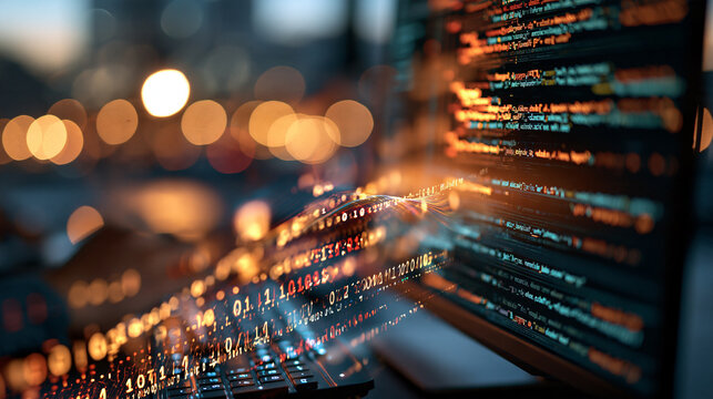 Close up of a computer monitor with colorful source code on a dark screen programming software development web coding developer workflow debugging application design modern