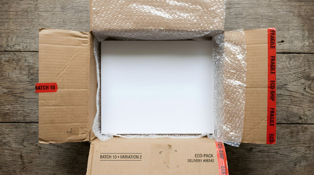 Open Cardboard Box Containing Bubble Wrap and White Item Resting on Wooden Background
