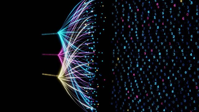 Abstract 3d animation of glowing digital data streams and binary numbers flowing through a dark space