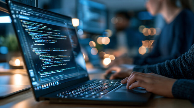 Close up of a computer monitor displaying backend code and a sql database query beside a laptop a software developer defocused in the background writing scripts in a busy work
