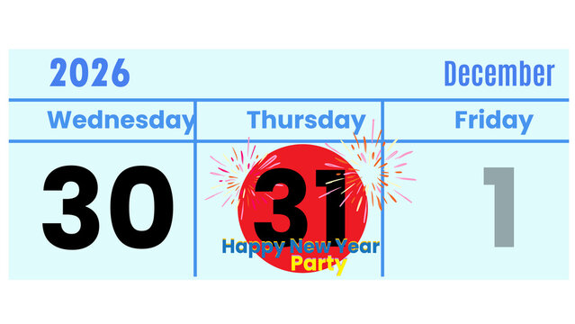 December 31st 2026 calendar square featuring new year party icon white background business planning celebration schedule deadline reminder tracking