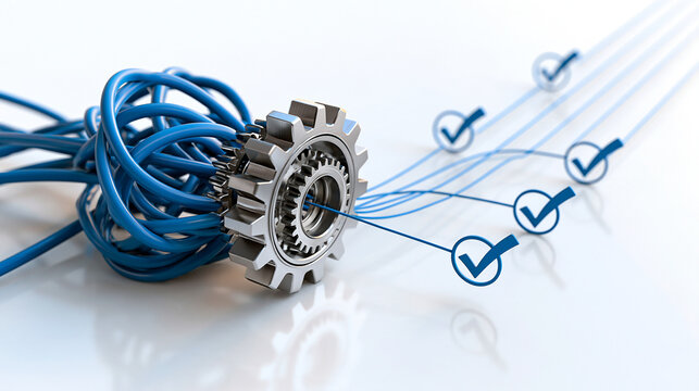 Tangled blue cables passing through a metal gear system and coming out as straight organized lines with blue checkmark icons on a white background technology concept simplifying