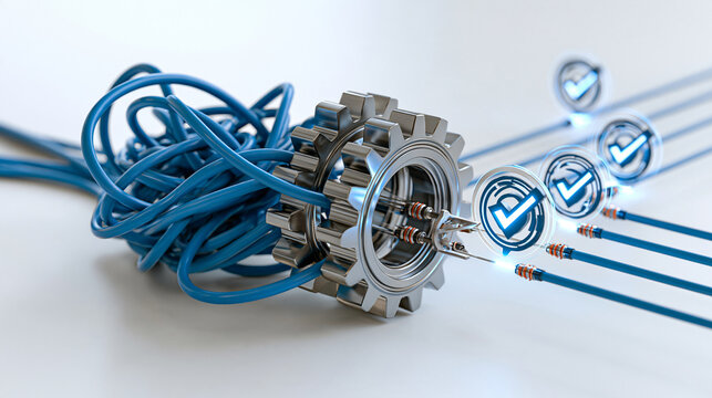 Tangled blue cables passing through a metal gear system and coming out as straight organized lines with blue checkmark icons on a white background technology concept simplifying