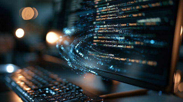Close up of a dark monitor with typescript code showing reactive functions with refs route and user object typescript code reactive functions refs route user object modern
