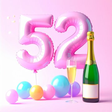 Birthday and Anniversary Celebration with Champagne and Number 52 Balloon