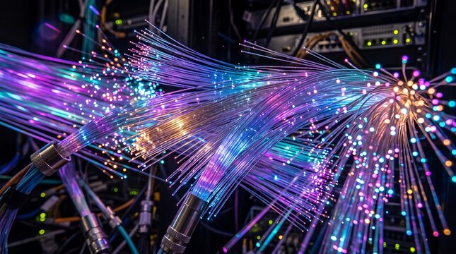 Close up of high speed internet fiber optic cables with glowing multi colored