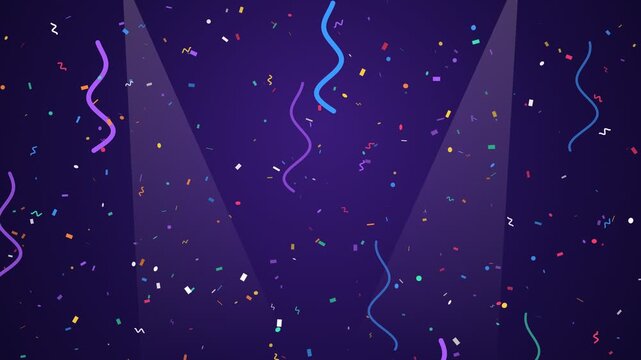 Vibrant celebration background with falling colorful confetti and streamers under bright spotlights on a dark purple backdrop. Ideal for parties, New Year, or festive events.