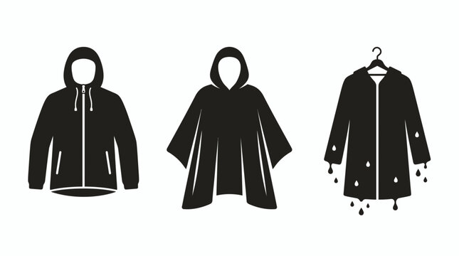 Raincoat poncho waterproof jacket black silhouette icon set. Detailed wet coat hanging water droplets. Protective rain gear styles. Clean minimalist graphic. Waterproof clothing concept.