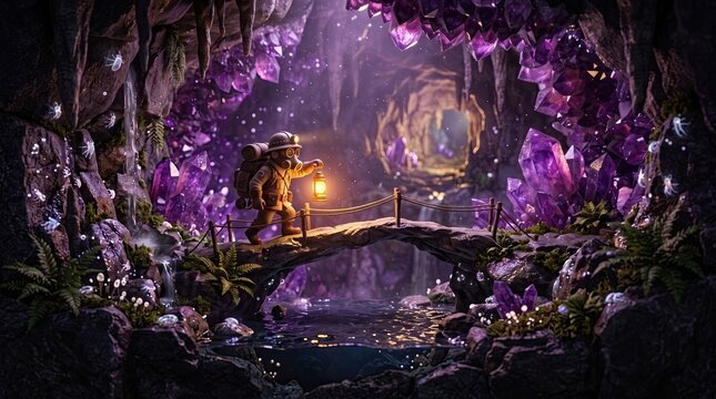 An explorer with a lantern walking across a stone bridge inside a glowing purple crystal cave filled with sparkling amethyst formations, underground cavern landscape and mystical gems