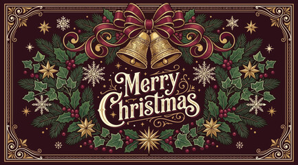 Fototapeta premium Elegant vintage merry christmas card featuring ornate calligraphy, golden bells, festive ribbons, and detailed evergreen holly foliage on a rich burgundy background