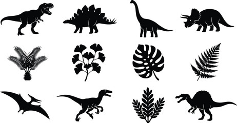 Dinosaur and Prehistoric Plant Silhouette Set with Tyrannosaurus, Stegosaurus, Brachiosaurus, Triceratops, Pterodactyl, and Ancient Ferns © MdJalal