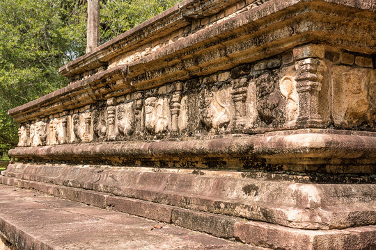 Ancient Stone Carvings on a Historic Temple in Sri Lanka