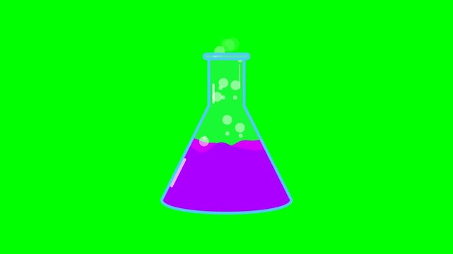 Seamless loop of a boiling purple chemical flask on a green screen background, featuring dynamic trigonometric surface waves and rising bubbles.