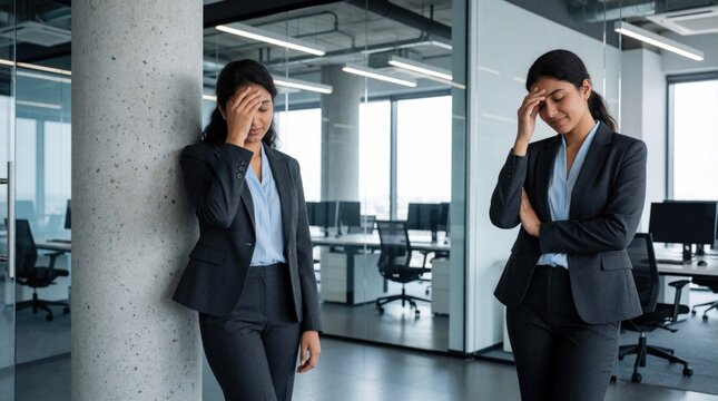 Stressed Indian businesswoman leans against pillar with eyes closed in modern office. Young corporate lawyer suffers from burnout, anxiety, fatigue. Exhausted female employee feels mental pressure,