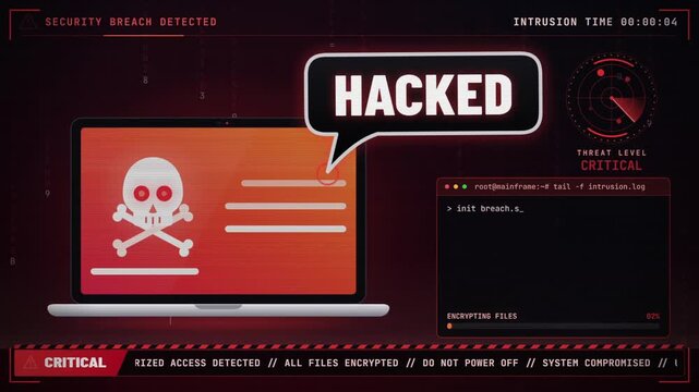 Computer security breach alert displaying critical system compromise with red warning graphics with laptop screen
