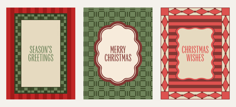 Set of three vintage Christmas greeting card designs featuring geometric patterns, decorative frames, and classic holiday typography in red, green, and cream.