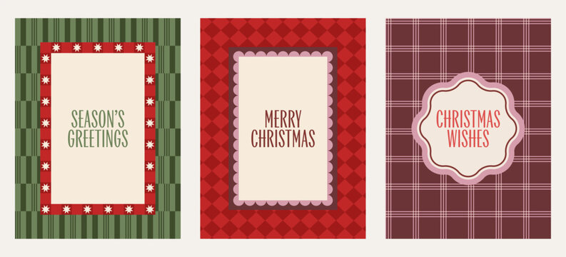 Set of three vintage Christmas greeting card designs featuring geometric patterns, decorative frames, and classic holiday typography in red, green, and cream.