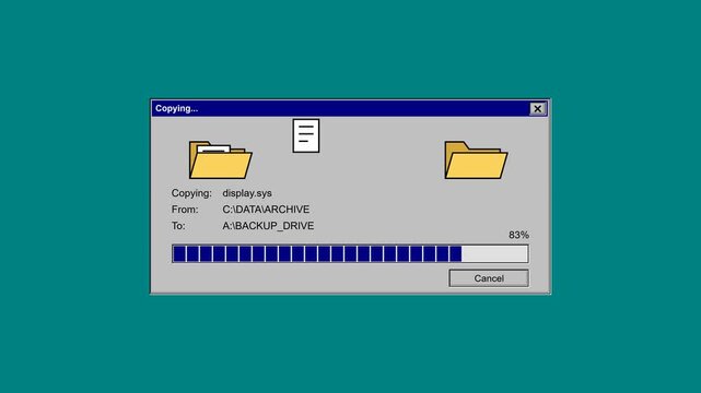 Authentic 4K motion background featuring a classic 90s operating system file transfer dialog box. The seamless 6-second loop showcases a flying paper animation moving between two folders, rapidly chan