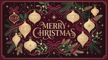 Vintage merry christmas greeting card design with elegant gold ornaments, pine branches, and ribbons on a dark burgundy background, festive holiday illustration for seasonal invitations and decor © Saharia
