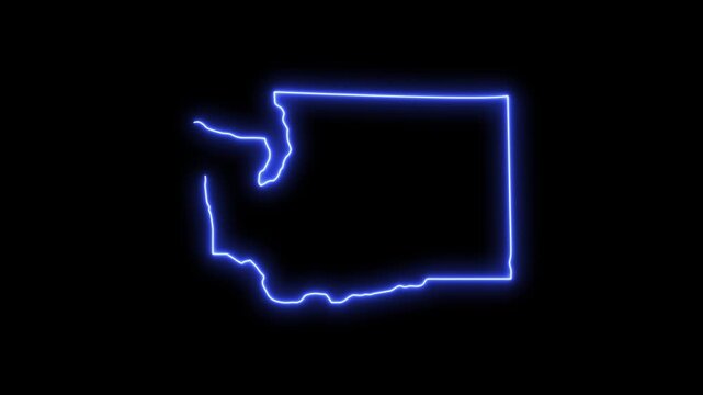 Glowing neon outline map of washington state, usa, animated digital cartography