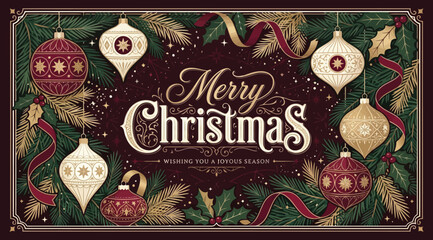 Naklejka premium Vintage style christmas greeting card featuring ornate hanging baubles, pine branches, holly, and ribbons on a deep burgundy background with elegant typography