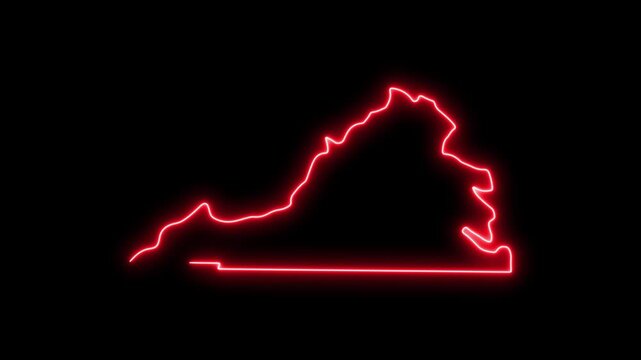 Glowing neon outline map of virginia state, usa, animated red line on black background