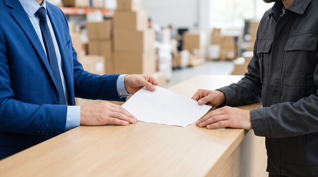 Logistics manager and warehouse worker reviewing shipping documents