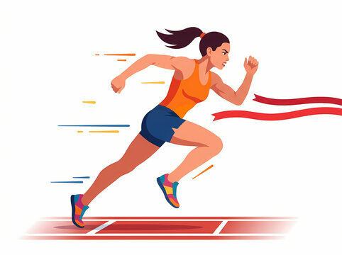 A determined female athlete sprinting towards the finish line on a track.